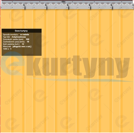Zestaw wieszak 984 mm x 1 szt. + płytki 100 mm x 12 szt. nierdzewna INOX (1.4016 / AISI 430) do kurtyn paskowych zakładka 18 mm